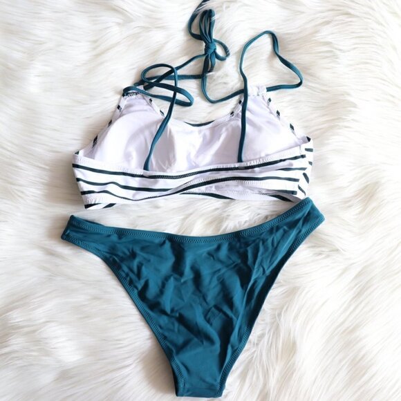 NEW White Green Stripe Sporty Bikini Bathing Suit Set Size Small - Picture 6 of 9